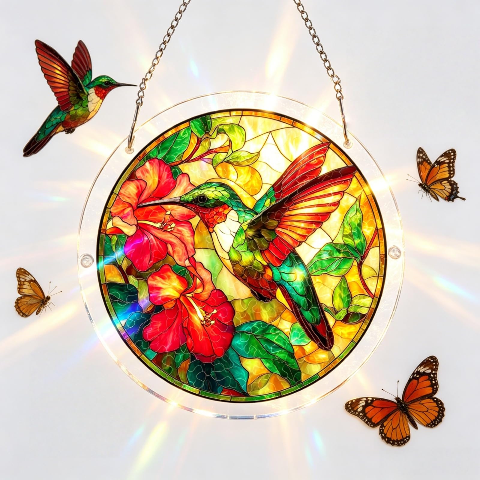 18.8CM Acrylic Puzzle Suncatcher Window Hanging,Hummingbird Flowers Stained Glass Sun Catchers for Windows,Stained Glass Sun Catchers for Windows,Emerald Flame Hummingbird Sun Catchers(Bird)