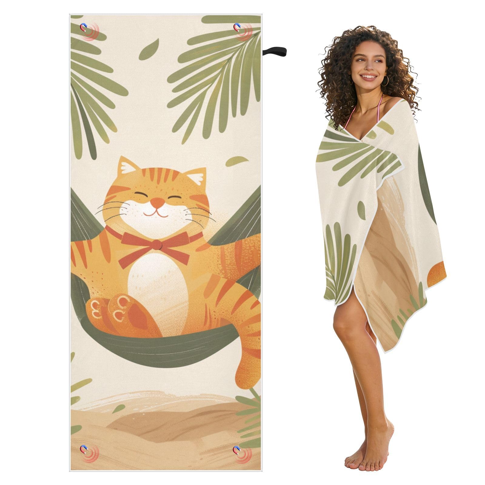 Grandes serviettes de plage avec sacs en maille pour adultes, motif chat heureux dans un hamac, serviette de bain avec fermeture magnétique, anti-sable, serviette à séchage rapide pour piscine