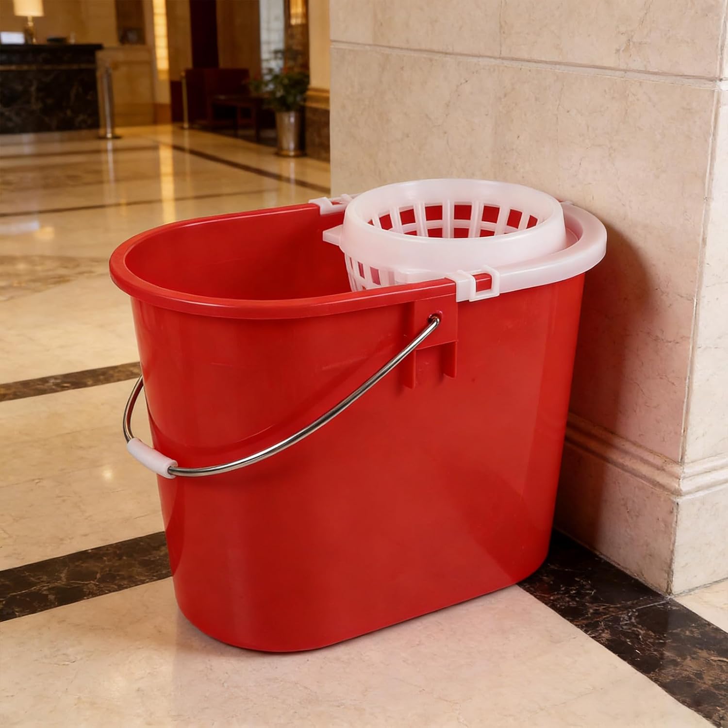 Mop Bucket with Handle - Commercial Mopping Barrel with Side Press Mesh for Round Accessory - Washing Supplies for Hotel Housekeeping Floor Cleaning (Red)