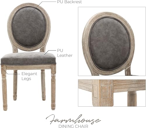 Miniatura 4 de Juego de 2 sillas de comedor de cuero estilo rústico francés para cocina y comedor con respaldo redondo de poliuretano, sillas de cocina tapizadas