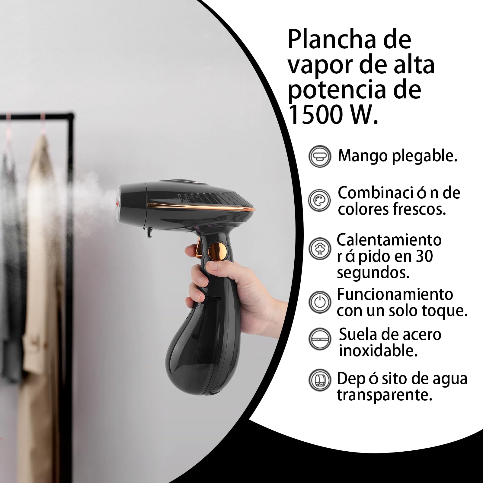 Plancha vertical vapor 1500W, 25g/min, Depósito de 168ml desmontable | ferro a vapor, calentamiento en 30 segundos, plegable, ideal para casa y viajes
