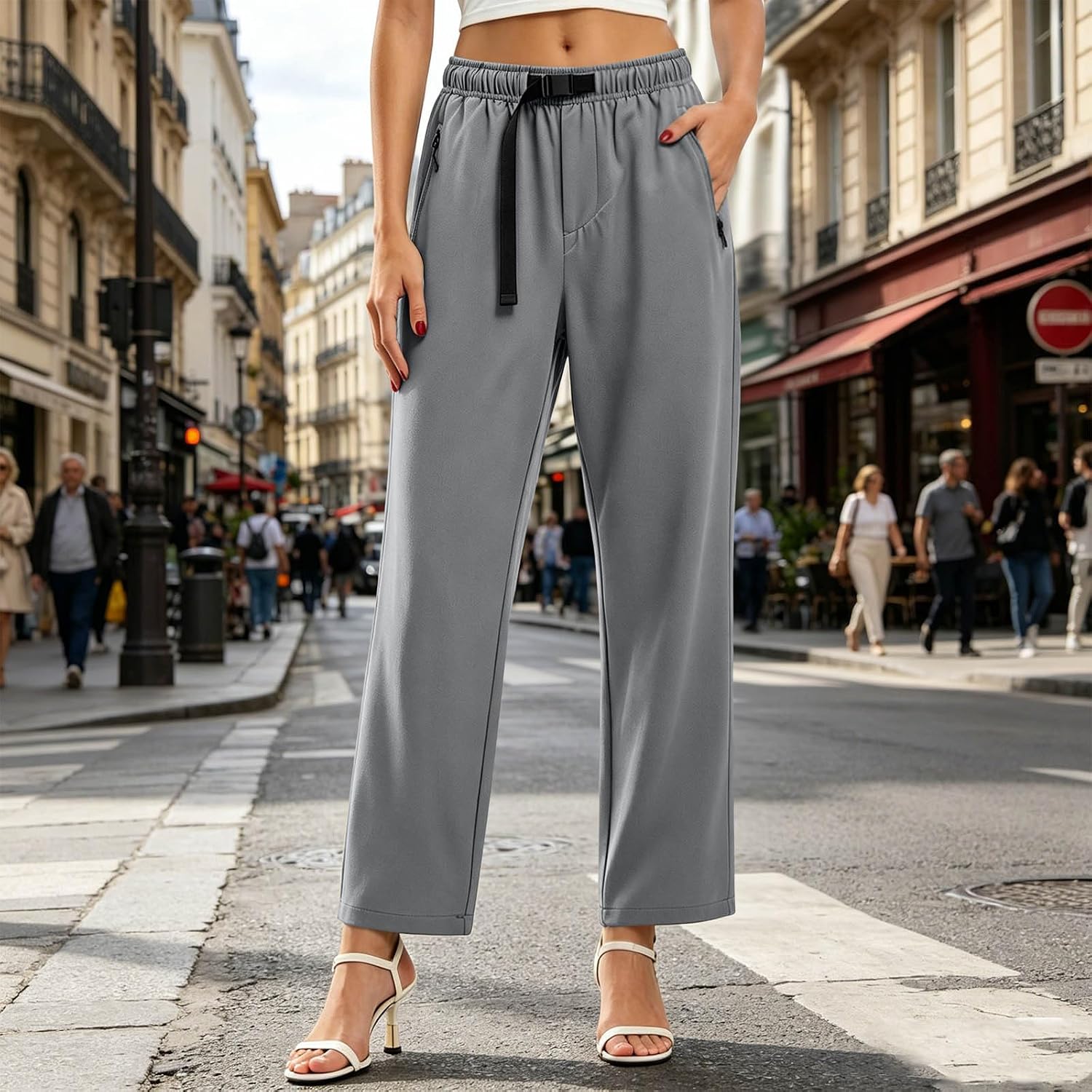 Women's Drawstring Pants Elastic High Waist Straight Leg Loose Fit Jogger with Pockets Outdoor Travel Casual Pant