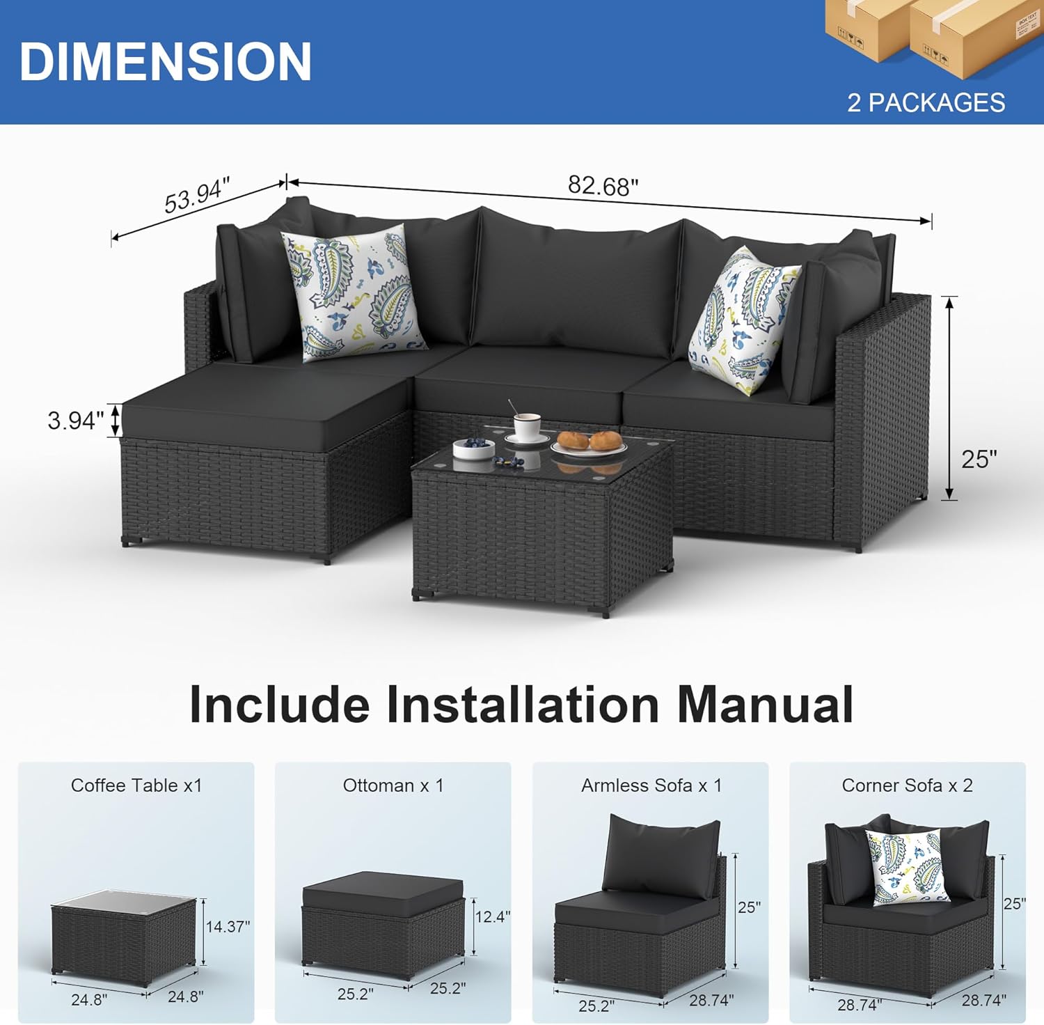 Patio Furniture Set, 5PCS Patio Sectional with Ottoman Wicker Rattan Outdoor Furniture with Thickened Cushion Modular Wicker Patio Conversation Set with Glass Top Table for Balcony, Backyard(Black)