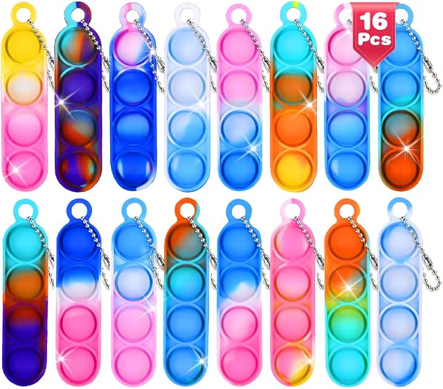 Ainiv 16 PCS Mini Fidget Pop Bubble Toys, Strip Squeeze Toys with Keyring, Poppet Bubble Sensory Toys, Stress Anxiety Relief Toys Desk Toy Wrap for ADHD, Autism, for School Kids Office Adult