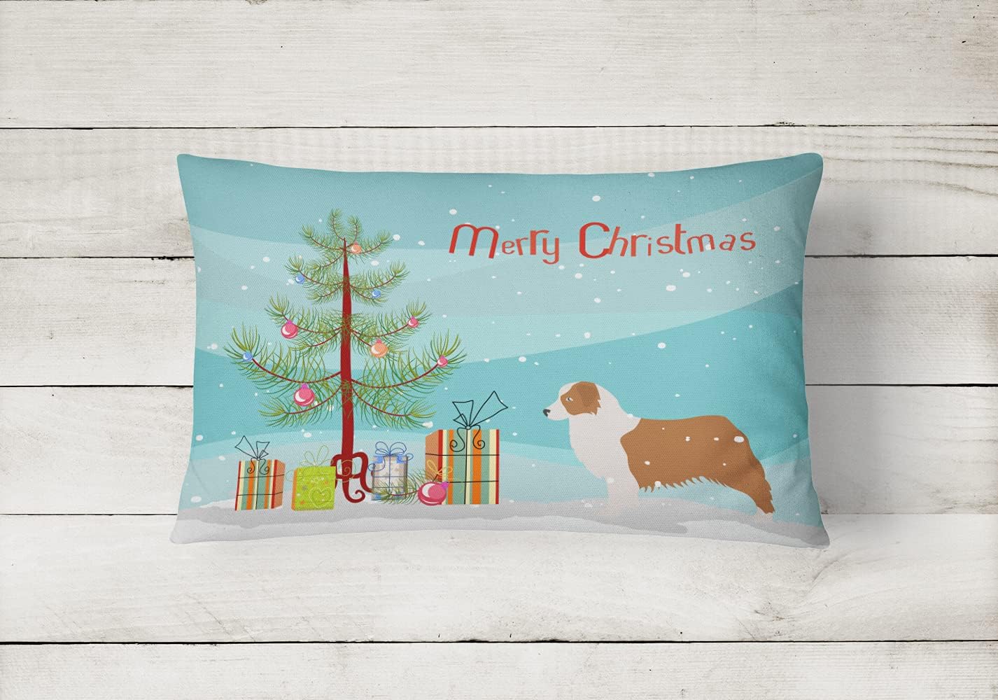 Caroline's Treasures BB2951PW1216 Australian Shepherd Dog Merry Christmas Tree Canvas Fabric Decorative Pillow Machine Washable, Indoor Outdoor Decorative Pillow for Couch, Bed or Patio, 12HX16W