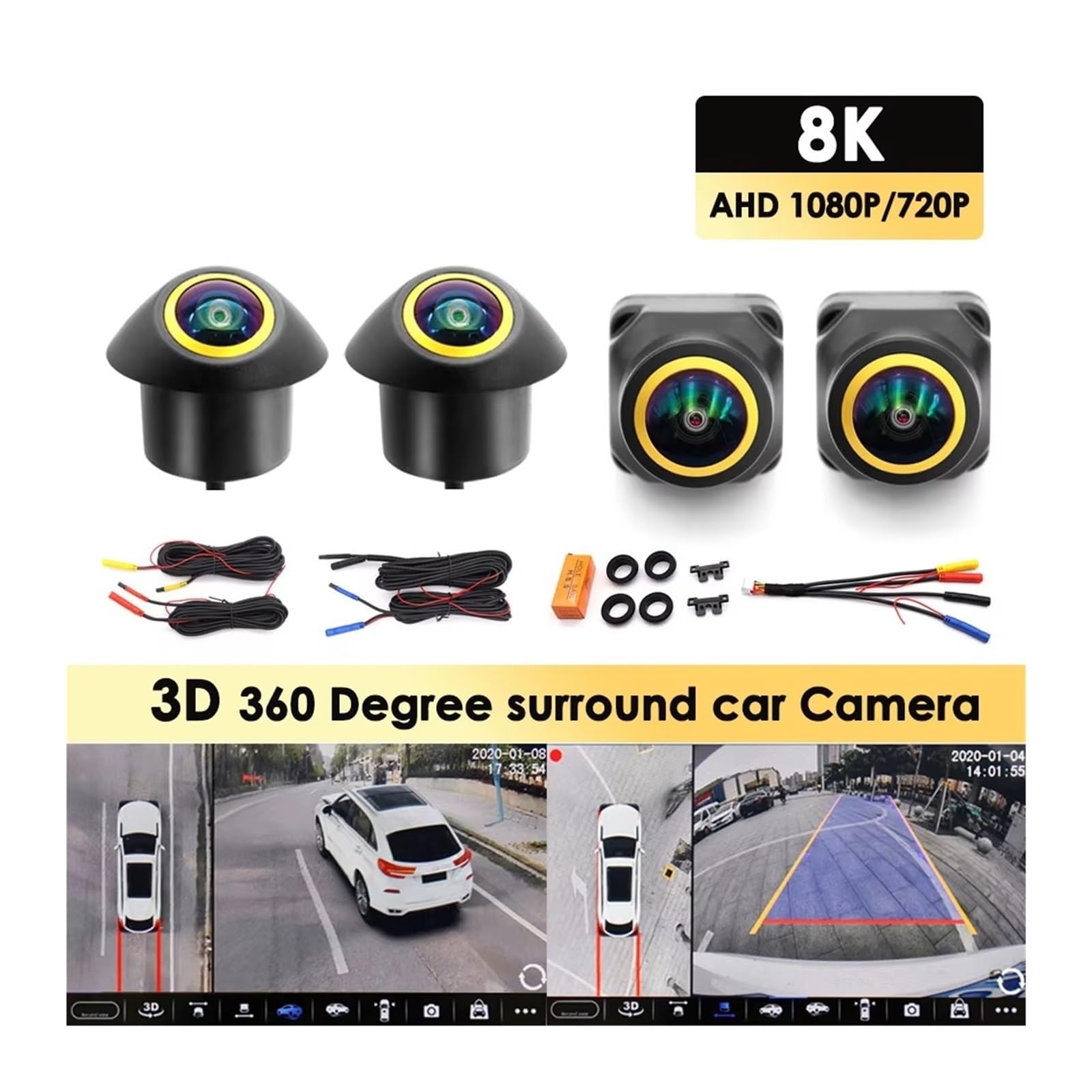 HILLAR Rückfahrkamera HD 360 Grad Autokamera 1080P 8K 3D AHD Surround View Rückfahrkamera Für Android Navigation Reverse Auto Backup Kamera