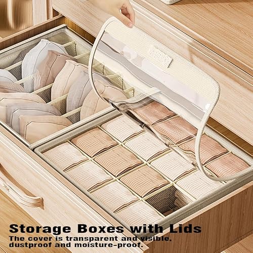 AARAINBOW 4 Packs Underwear Socks Storage Organizer with Lid, Foldable Closet Drawer Organizer with Dividers Wardrobe Storage Boxes Fabric Dresser Bin for Bra Scarf Neck Tie Container (50 Cells Beige) - Thumbnail 3