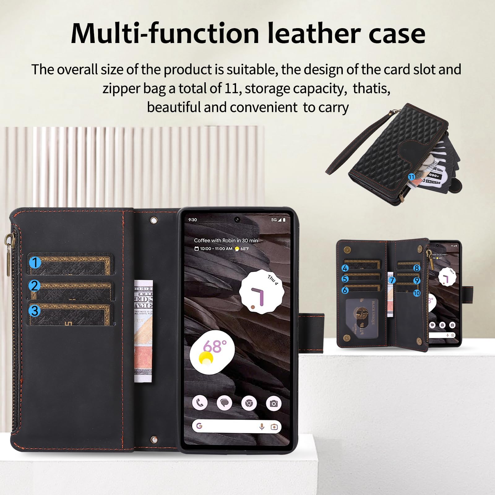 Custodia Flip Portafoglio Custodia Portafoglio Google Pixel 7 - Cover PU Con Tracolla E Supporto, Nero Custodia Multifunzione Pixel - Foto 3