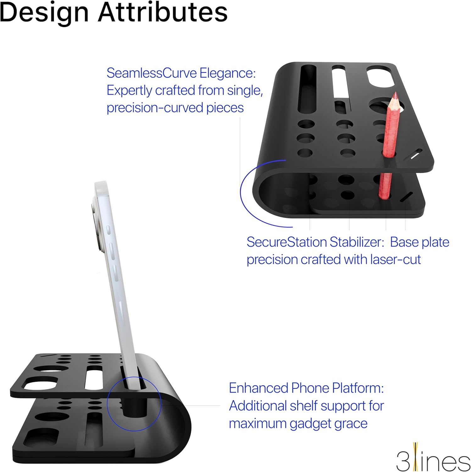 3 Lines Acrylic Tiny Twist Pen and Pencil Stationary Storage | Phone Stand | Mini Desk Organizer | Individual compartment for all the stationary | Home and Office Accessories | Black