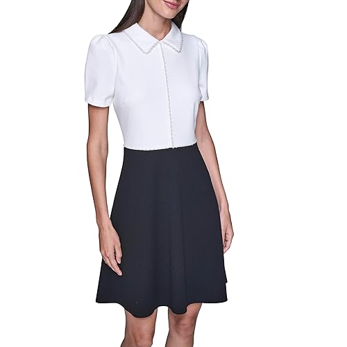 Karl Lagerfeld Women's Short Sleeve Collared Pearl Detail Scuba Crepe