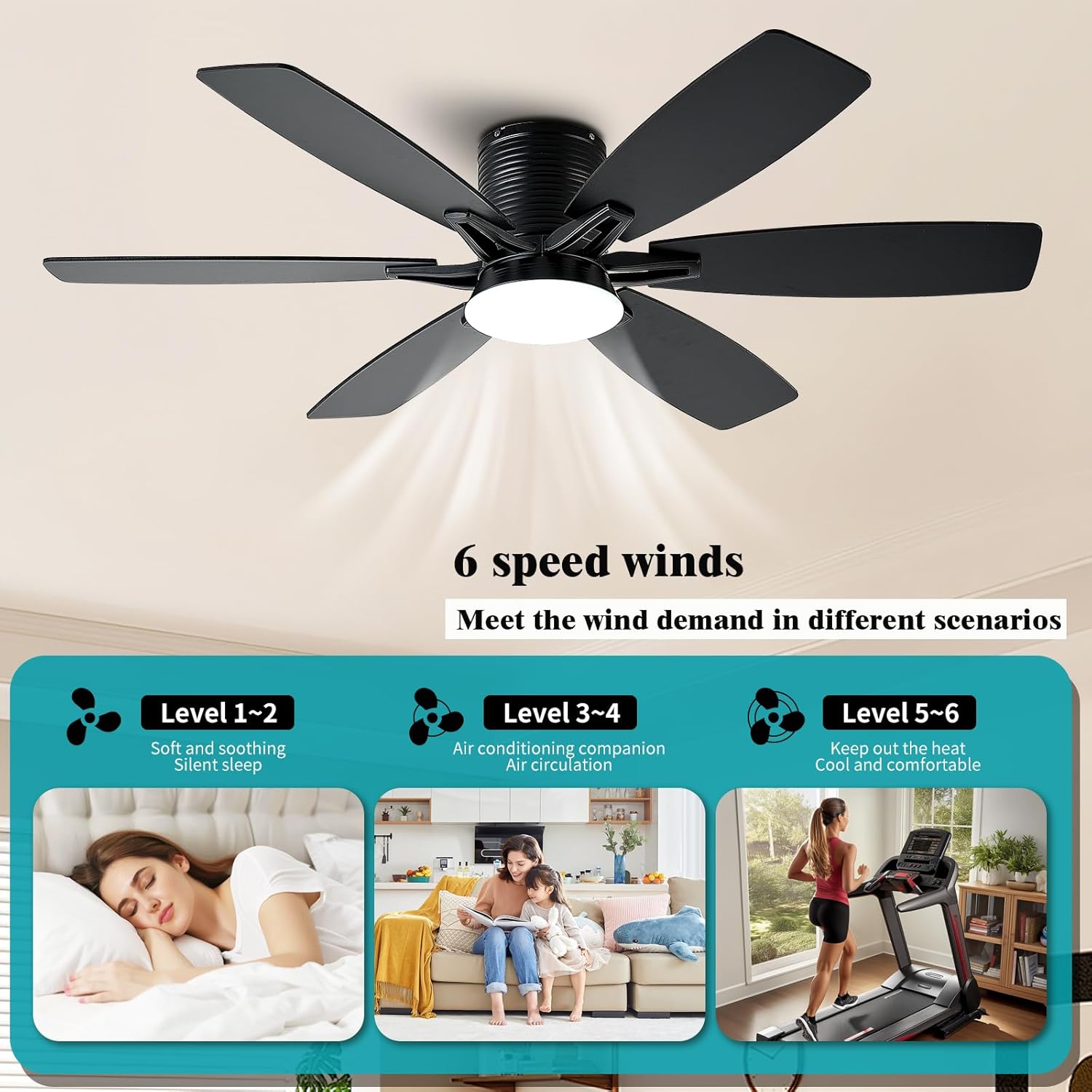 52inch Black Ceiling Fans with Lights and Remote/App Control, Low Profile Ceiling Fan with Light and 6 Double-Side blades, Flush Mount, LED/RGB Dimmable DC Reversible Modern Ceiling Fan for Bedroom image 7 of 9 B0FBWDKLY2