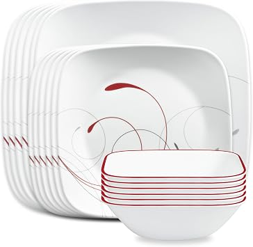 Corelle Vitrelle 18-Piece Service for 6 Dinnerware Set, Triple Layer Glass, Chip Resistant, Lightweight Square Plates and Bowls, Splendor