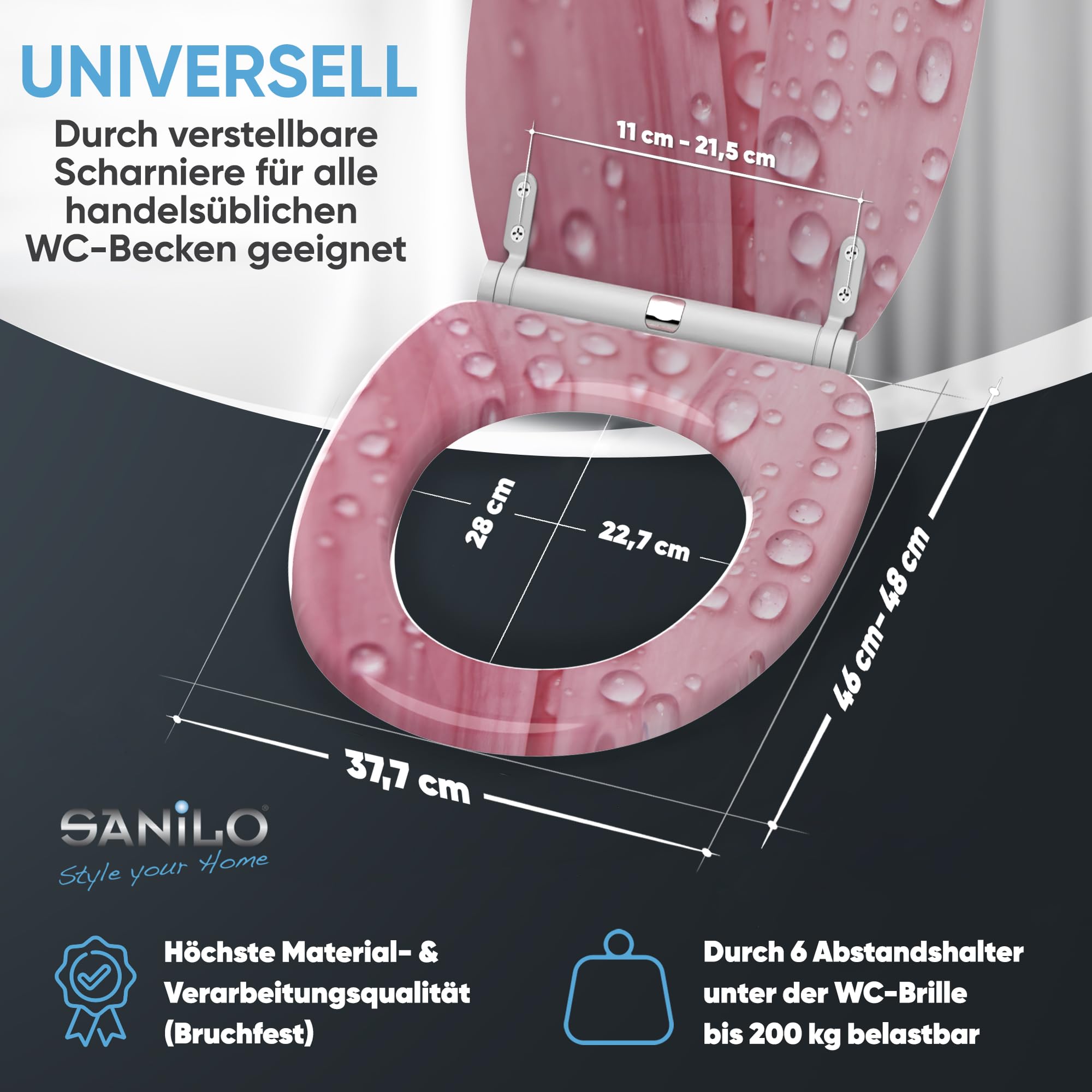 Sanilo WC Sitz mit Absenkautomatik & Quick-Release aus Holz, Pink Flower