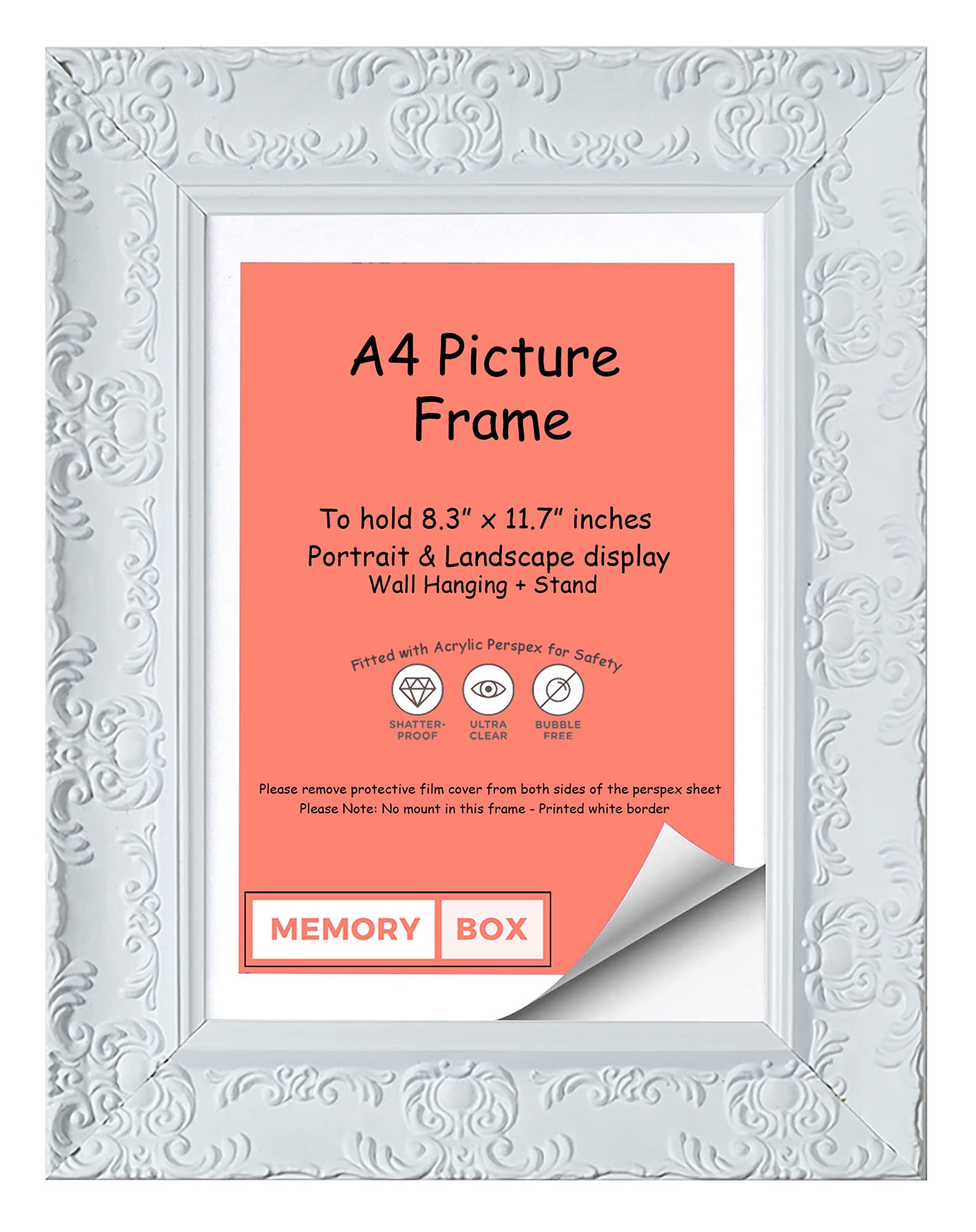 Memory Box WIDE Ornate Shabby Chic Antique swept MUSE Picture/Photo/Poster frame with Perspex Sheet - Moulding 58mm Wide and 28mm Deep -Muse White Matt A4
