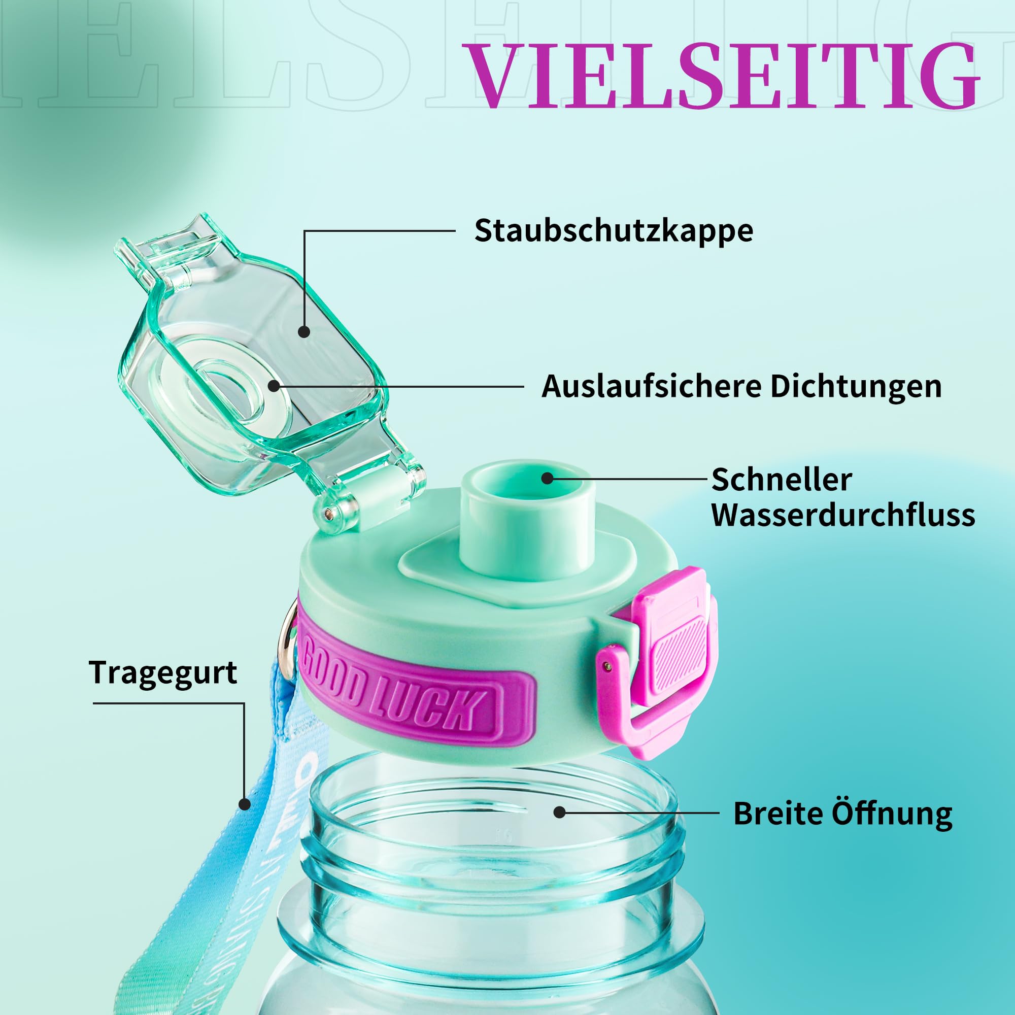 YC Kitchen Borraccia Sportiva Motivazionale 1L - Borraccia 1 litro, Bottiglia d'acqua Sportiva con paglia e trasporto cinghia