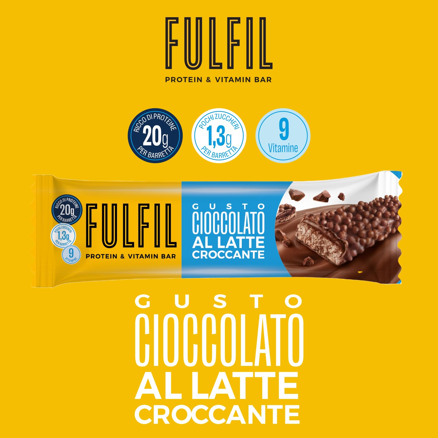 FULFIL - 15 Barrette Proteiche da 55 Grammi, Gusto Cioccolato Croccante al Latte con 9 Vitamine e Pochi Zuccheri, Confezione da 825 Grammi