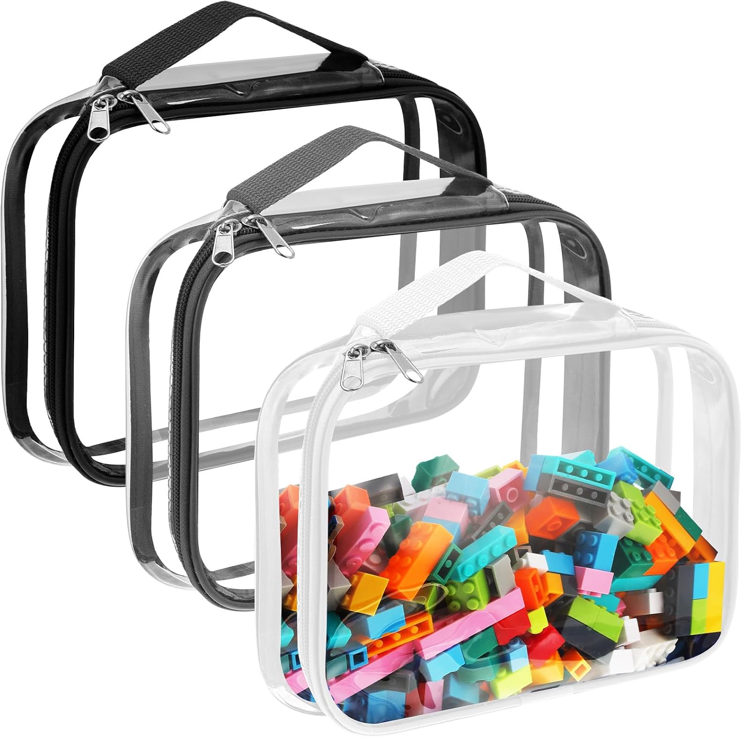 Sanwuta 3 Packs Toy Storage Bags with Zipper, Clear PVC Organizing Waterproof Toy Bags for Board Games, Building Blocks, and Kids Books(12.6 x 9 x 2.36 Inch,Black, White, Gray)
