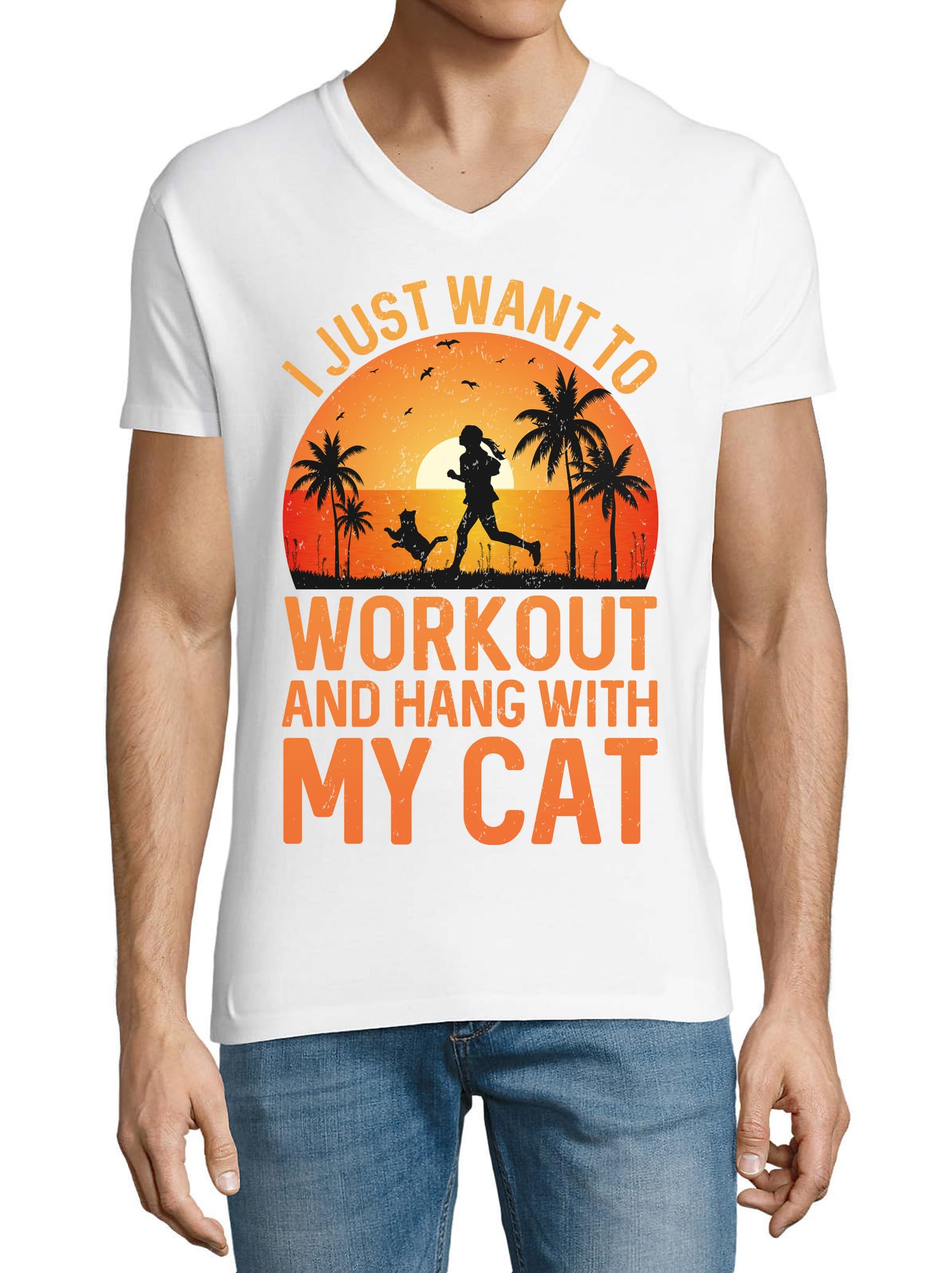 T-shirt col en V homme en coton respirant blanc graphique musculation et chat - 2
