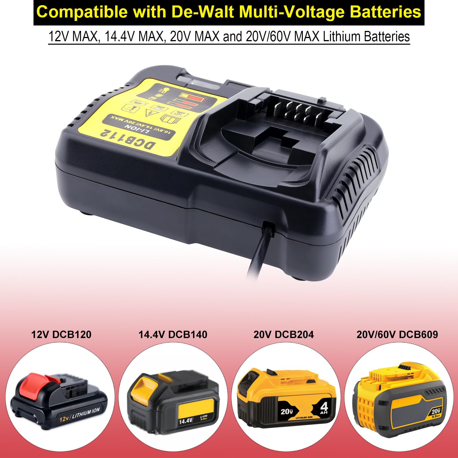 DCB112 Chargeur de rechange 2,0 A compatible avec chargeur de batterie Dewalt 20 V MAX, compatible avec les batteries Dewalt Tool DCB200 DCB201 DCB203 DCB204 DCB606 DCB609 DCB120 12 V 14,4 V 20 V/60 V