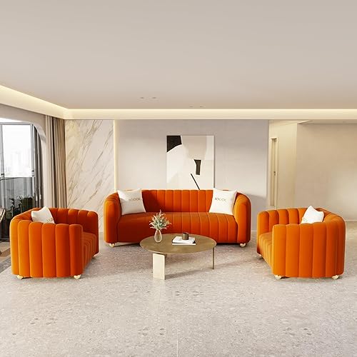 Juego de sofá copetudo de terciopelo naranja de 3 piezas para sala de estar, juego de sofá de diseño moderno con patas de bola de metal doradas,