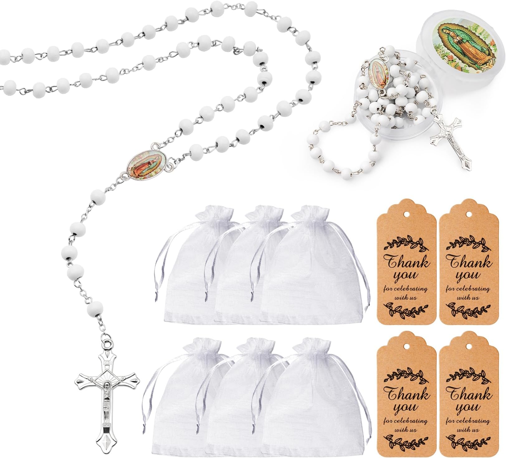 24 Pcs Virgen De Guadalupe Scented Rosary for Baptism and First Communion Favors, Our Lady of Guadalupe Party Favors (Silver)