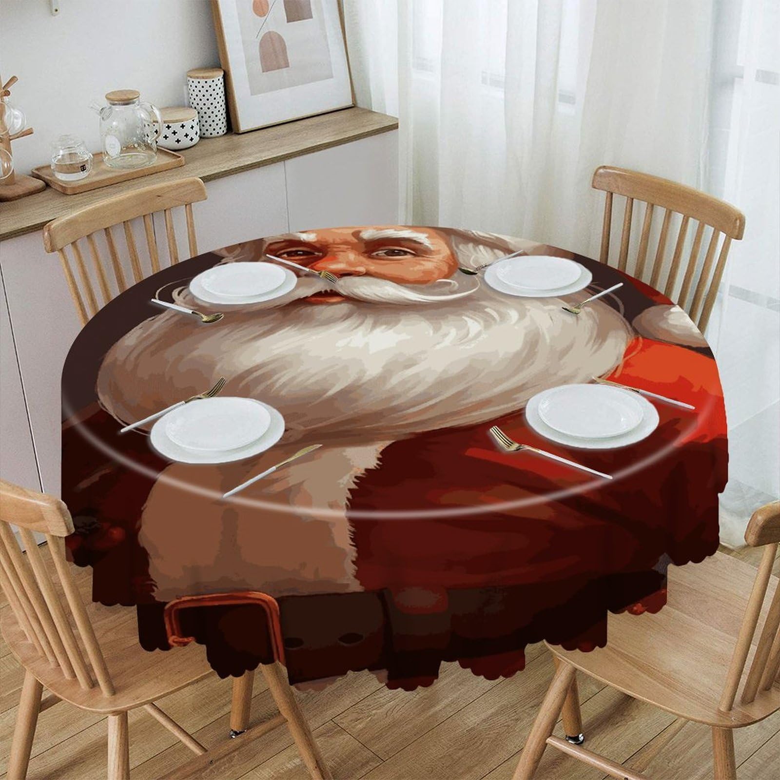 FekiLoot Santa Claus Round Tablecloths 60 Inch Resistant Washable Polyester Table Cloth Style Decorative Circle Fabric Table Cover for Dining Kitchen Party Farmhouse Outdoor