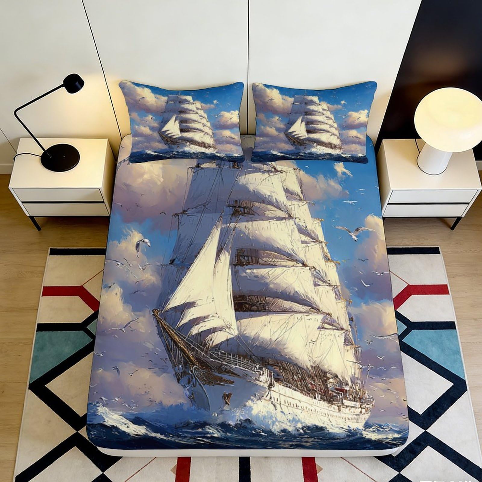 3D Printed Sailing Ship Ocean Fitted Sheet Microfiber Soft Anti-Slip Mattress Cover Nautical Bedroom Decor Blue 120x200x25cm