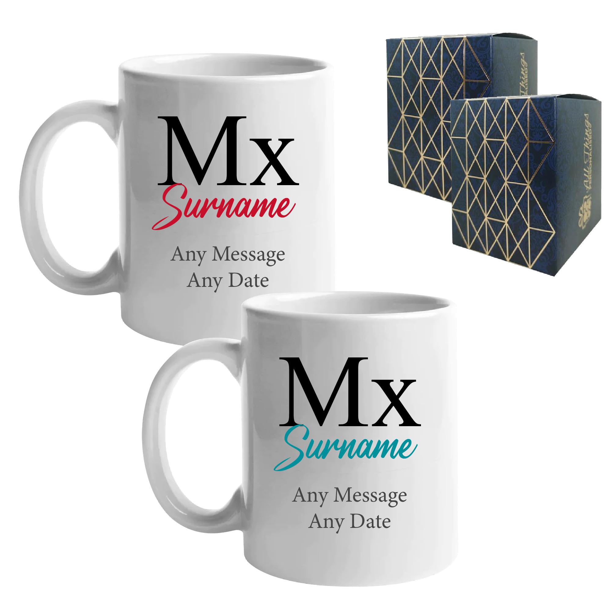 Juego de tazas personalizadas de género neutro para boda, juego de tazas Mx y Mx o título personalizado con cualquier mensaje y apellido, diseño de fuente clásico, caja de regalo, tazas de 312 ml