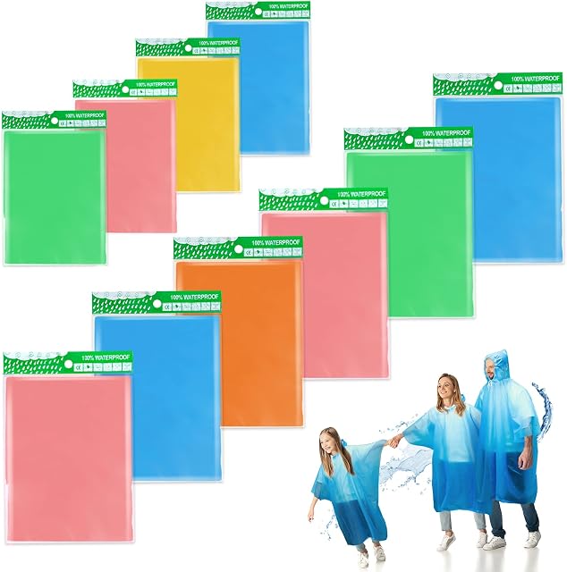 Poncho Waterproof Family Pack 10PCS,Rain Coat Disposable Rain Poncho,Clear Poncho Plastic Ponchos Festival Raincoat,Travel Rain Poncho,Disposable Rain Ponchos with Hoods,Rain Poncho for Kids & Adult
