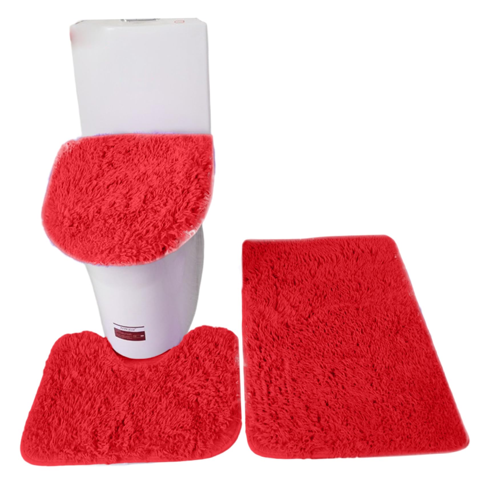 Alfombrilla de baño absorbente de 3 piezas con base en U y funda de inodoro protectora roja