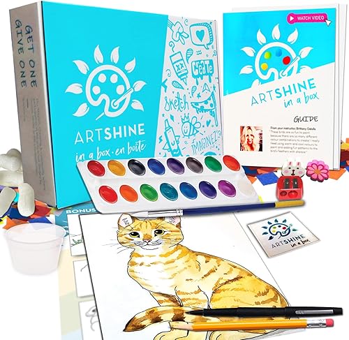 Artshine in a Box - Kit de manualidades + lección de video para niños - Purrfect Pet Cute Cat Activity - Pintura de acuarela, juego de pinceles,
