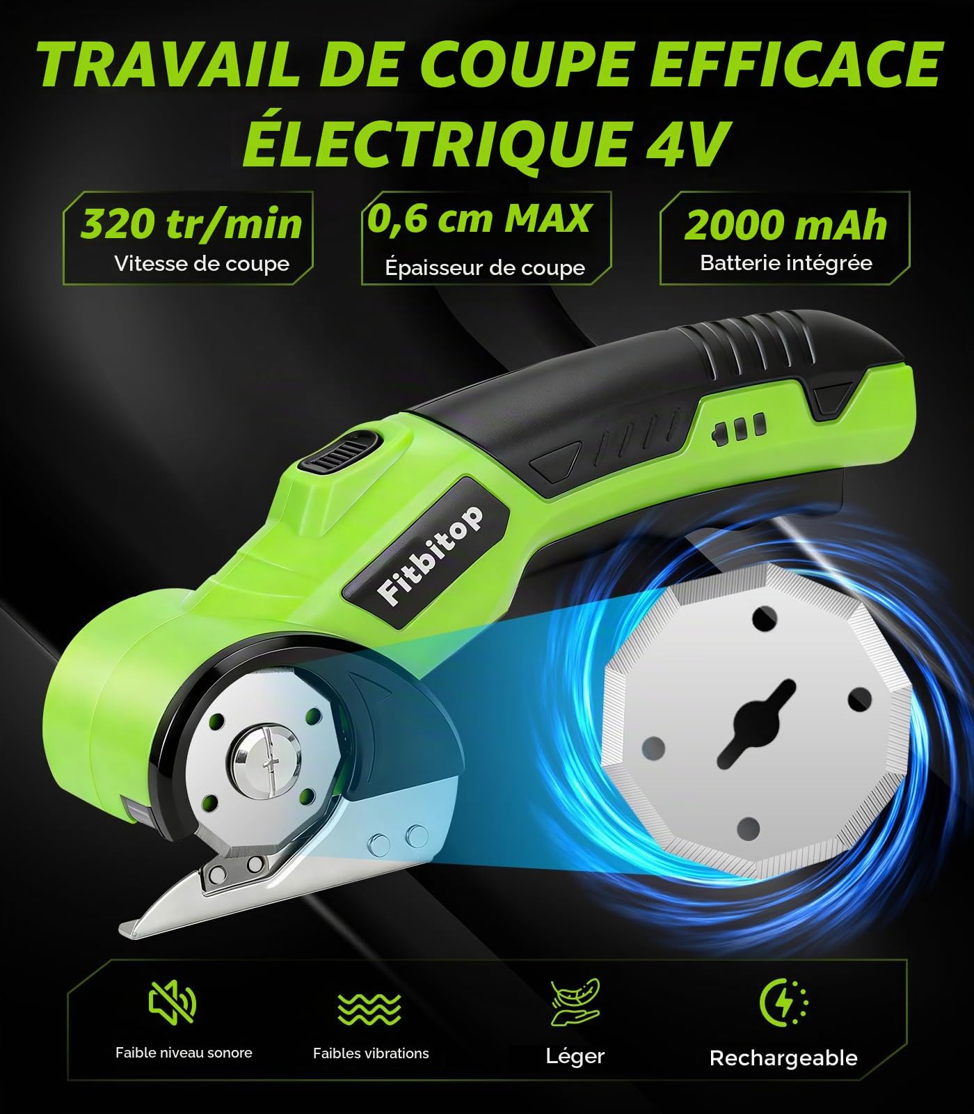 Ciseaux électriques rotatifs sans fil pour carton - Lame auto-affûtante - Coupe le cuir, le PVC, la moquette et le carton
