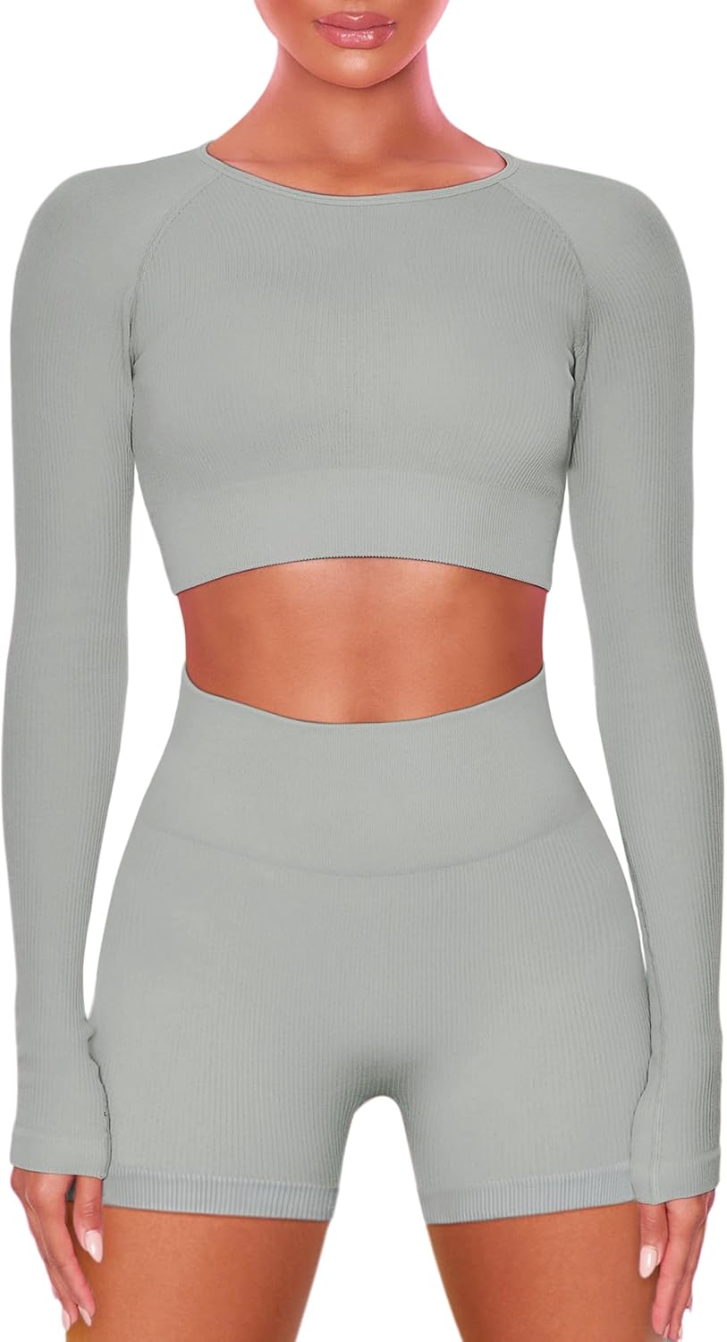 Buttergene Women Workout Sets 2 Pieces Long Sleeve Yoga Outfits Gym Clothes Seamless Ribbed Crop Top High Waist Leggings