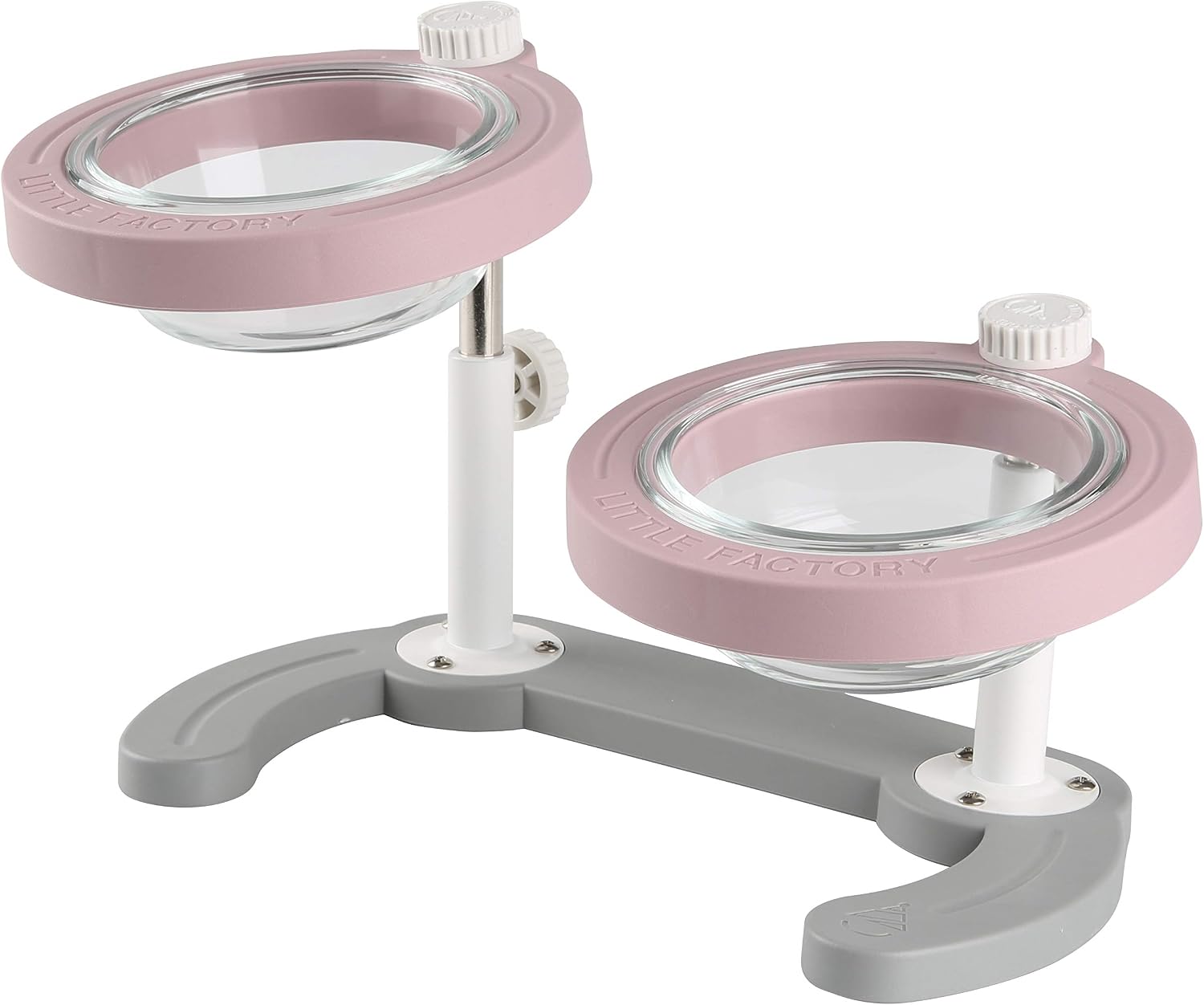 Little Factory, Raised Pet Bowls for Dogs and Cats, Double Glass Bowl with Adjustable Height and Direction, Pink (Pink)
