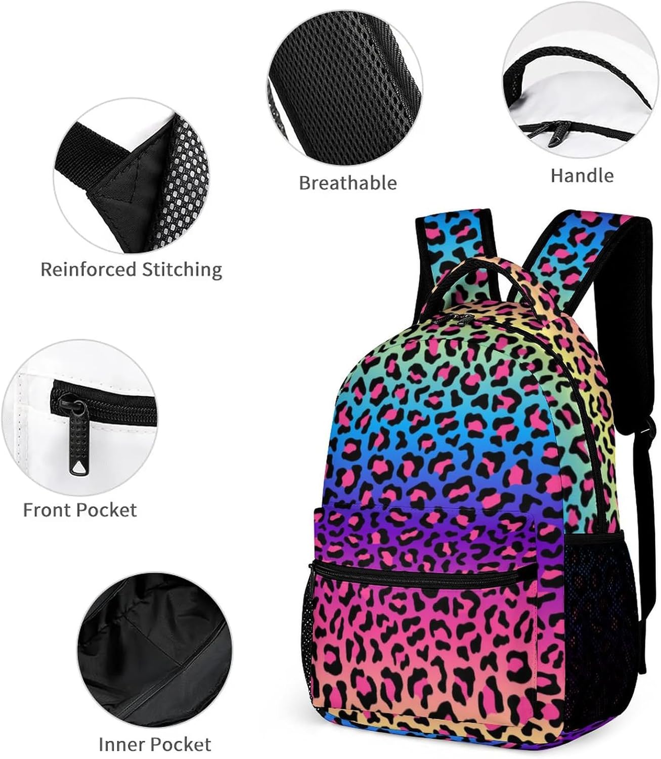 KOYI Girls Leopard Print Backpack Colorful Cheetah Print Rainbow Neon Leopard Backpack for Girls, Gradient Blue Pink Yellow Purple School Backpack, Children Daypack Travel Laptop Backpack, 16.5 Inch - Image 4