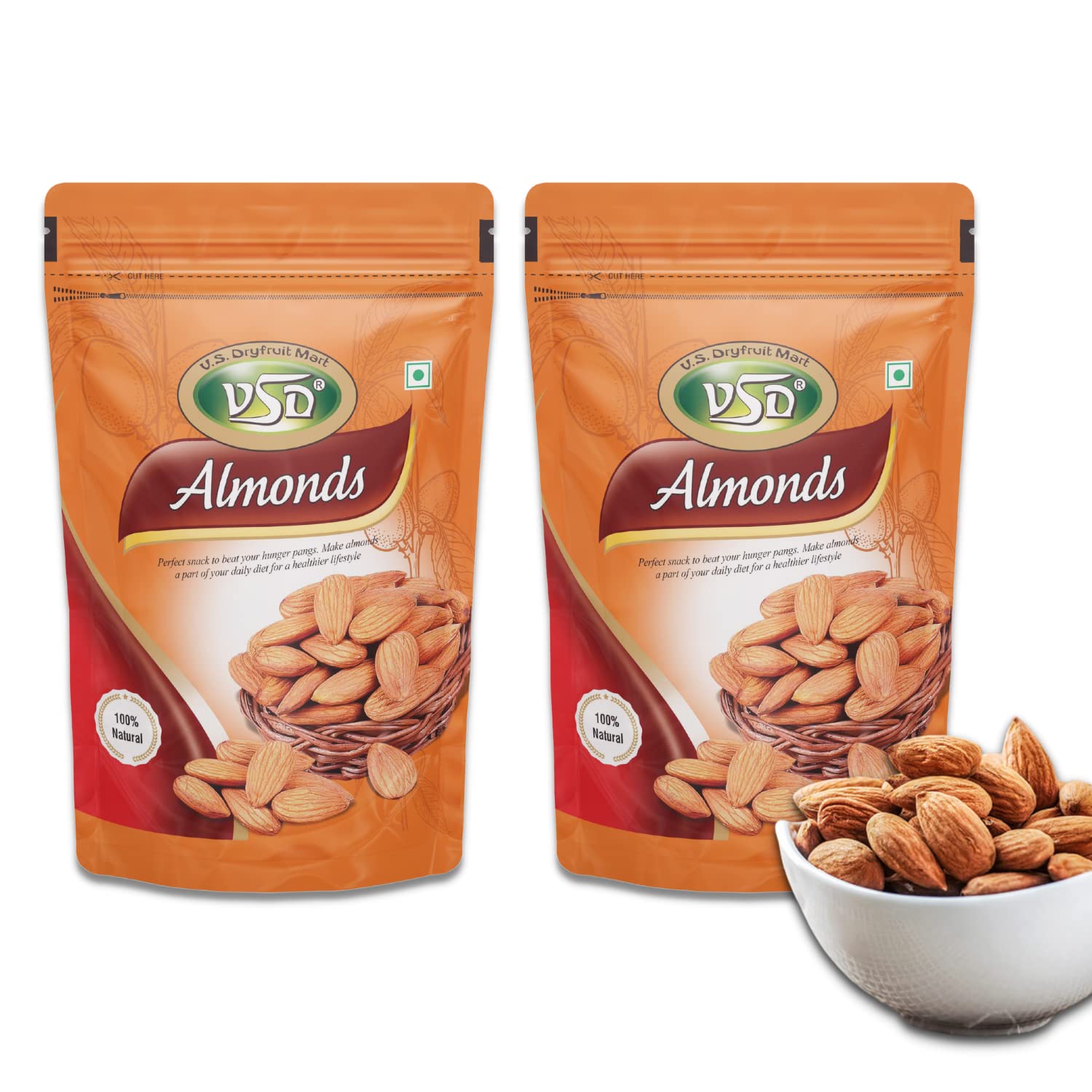 VSD Premium 100% Natural Jumbo Almond (Badam) California Selected | Badam Dry Fruits/Badam Giri/High in Fiber & Boost Immunity/Raw Whole Natural Badam | Pack of 2 (250Gm Each), 500Gm (B07VVBS1W1) Amazon Price History, Amazon Price Tracker