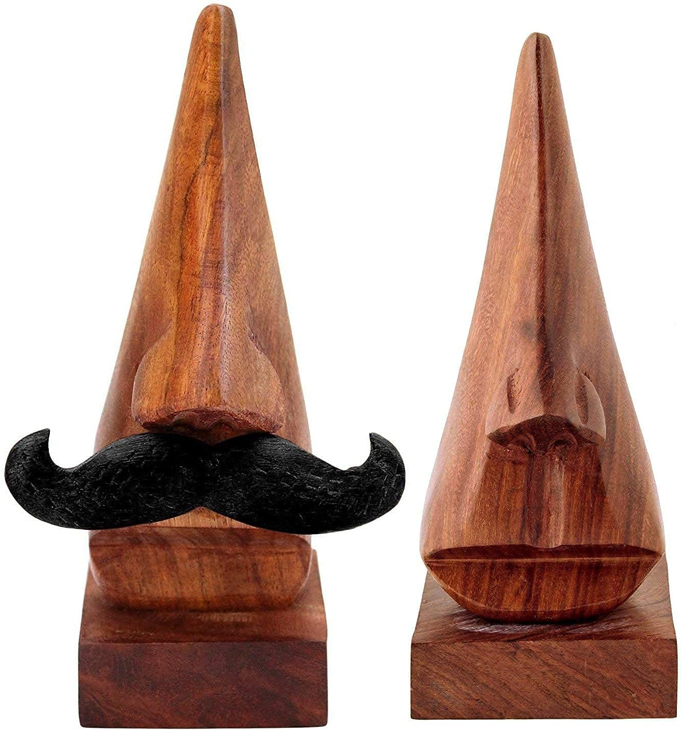Handmade Wooden Nose Shaped Spectacle & Eyeglass Holder Stand - Pack Of 2 | Stylish Figurine with Moustache Specs & Sunglasses Holder | Gifting Iteam For Men & Women