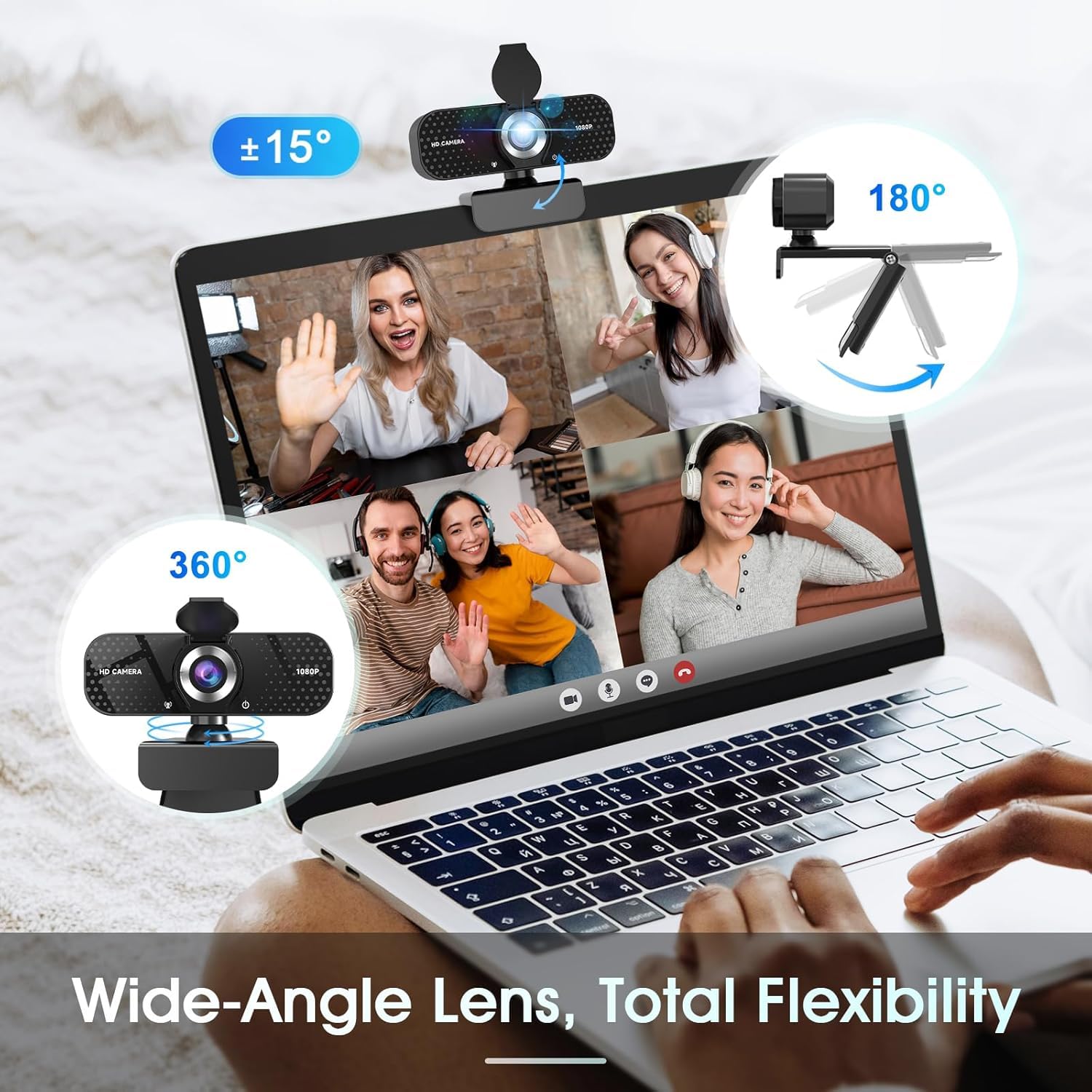 TRAUSI Webcam HD 1080P con microfono, cancellazione del rumore, copertura della privacy, obiettivo grandangolare, correzione automatica della luce, webcam USB Plug & Play per laptop, desktop, PC, Mac