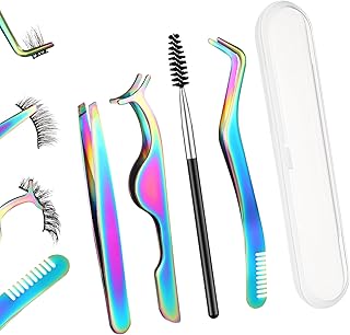 5 Pcs Lash Applicator Tool Set Lash Tweezers for DIY Individual Lash Clusters Application and Removal Straight and Curved Eyelash Extension Tweezers with a Storage Box and Eyebrush, Iridescence