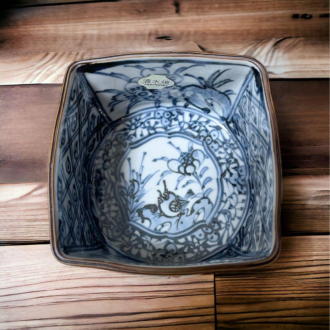 清水焼瑞昭窯染付花赤唐草四角小鉢5 客 - 皿