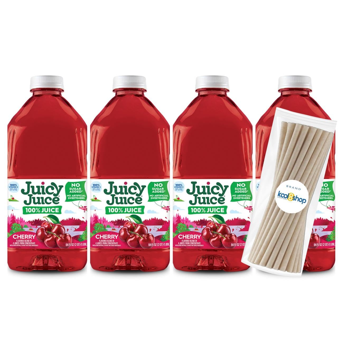Juicy Juice Cherry 100% Juice Vitamin C No Sugar Added 64 fl oz Plastic Bottle 4 Pack + 15 Sugarcane Disposable Straws by KOOL8SHOP Infinite Deals