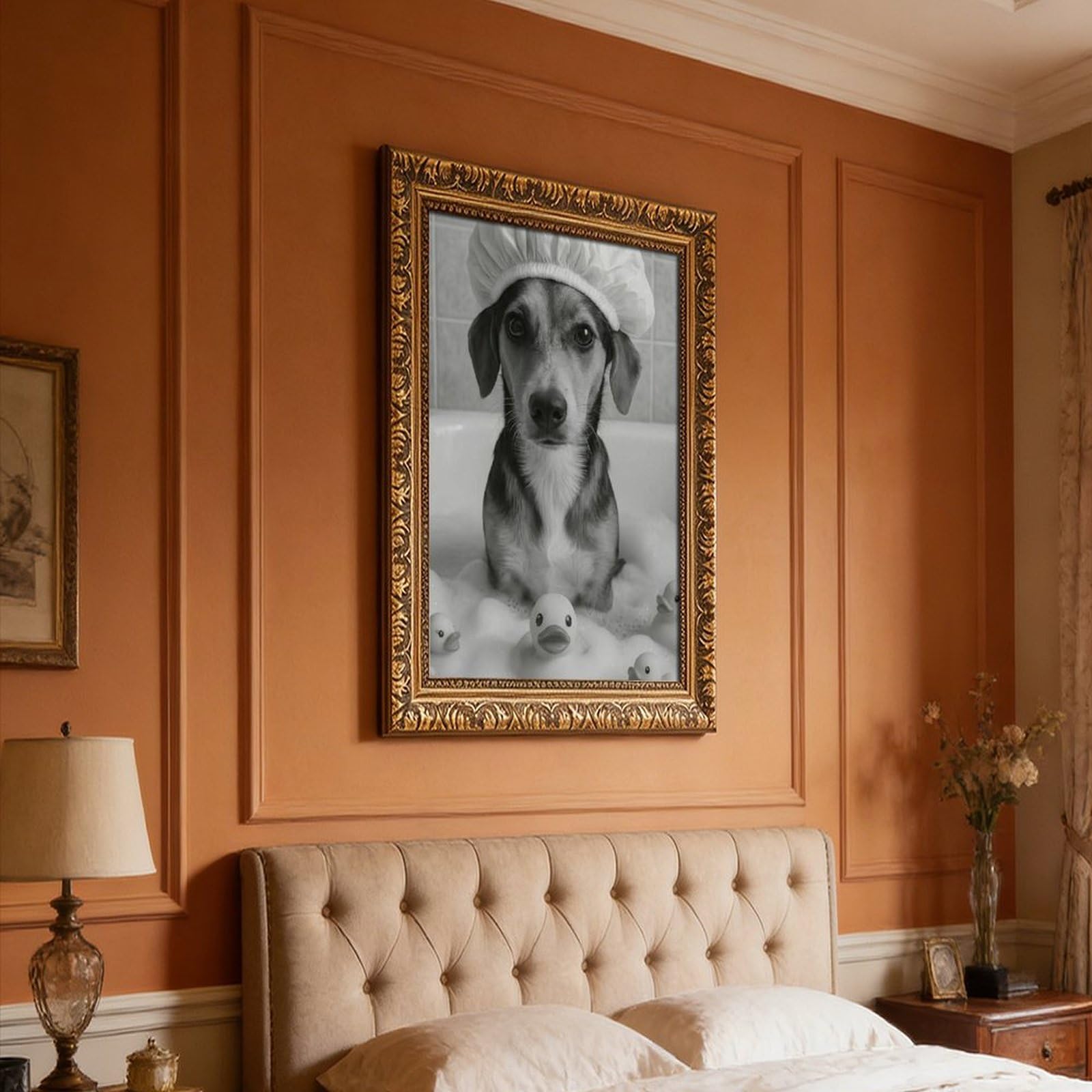 Lustiger Hund in der Badewanne, niedlicher Welpe mit Duschhaube, Leinwand-Poster, Wandkunst für Wohnzimmer und Schlafzimmer, 61 x 91,4 cm