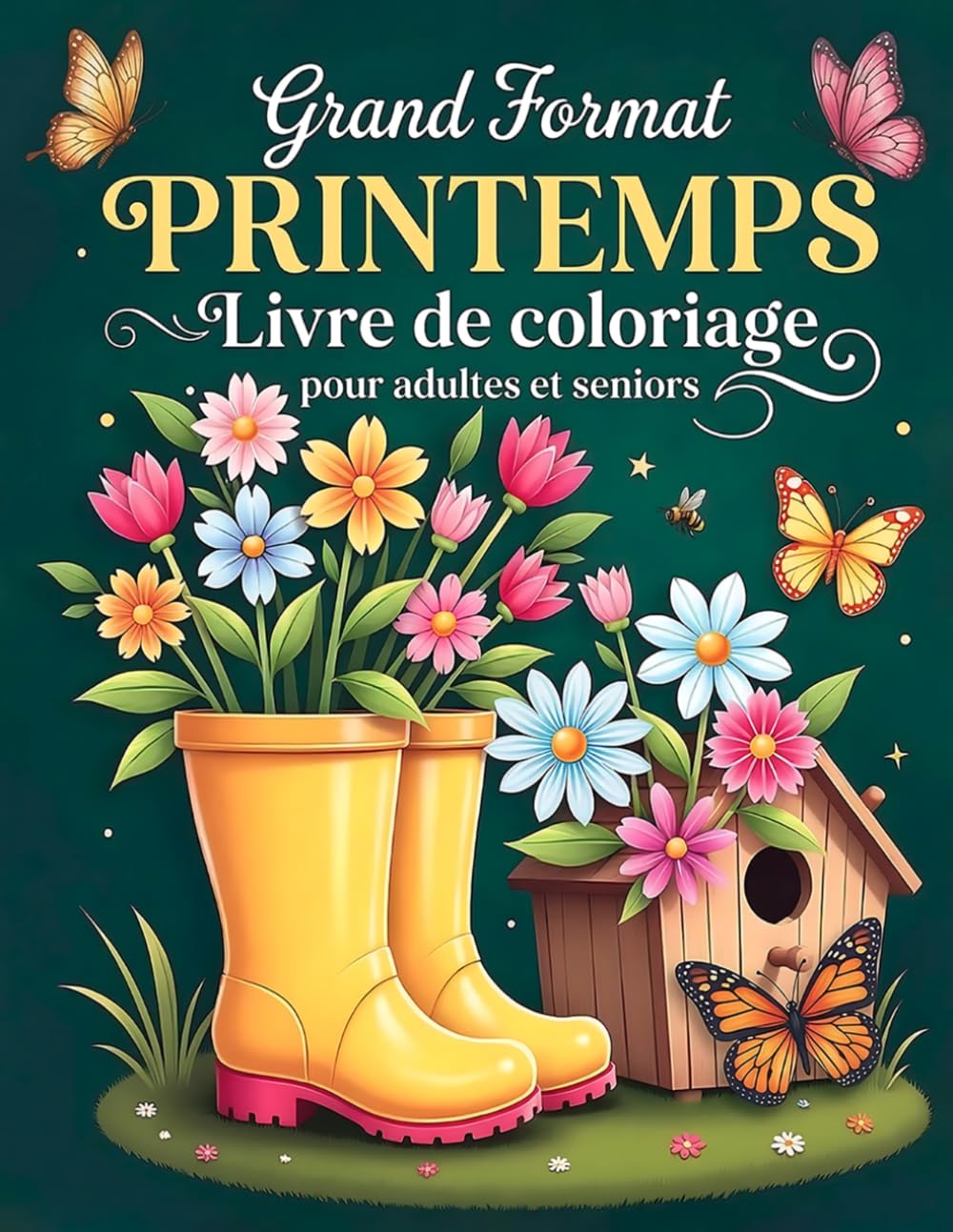 Grand Format Printemps – Livre de coloriage pour adultes et seniors: 50 dessins simples et faciles à colorier : fleurs, animaux et paysages pour se détendre et stimuler la créativité