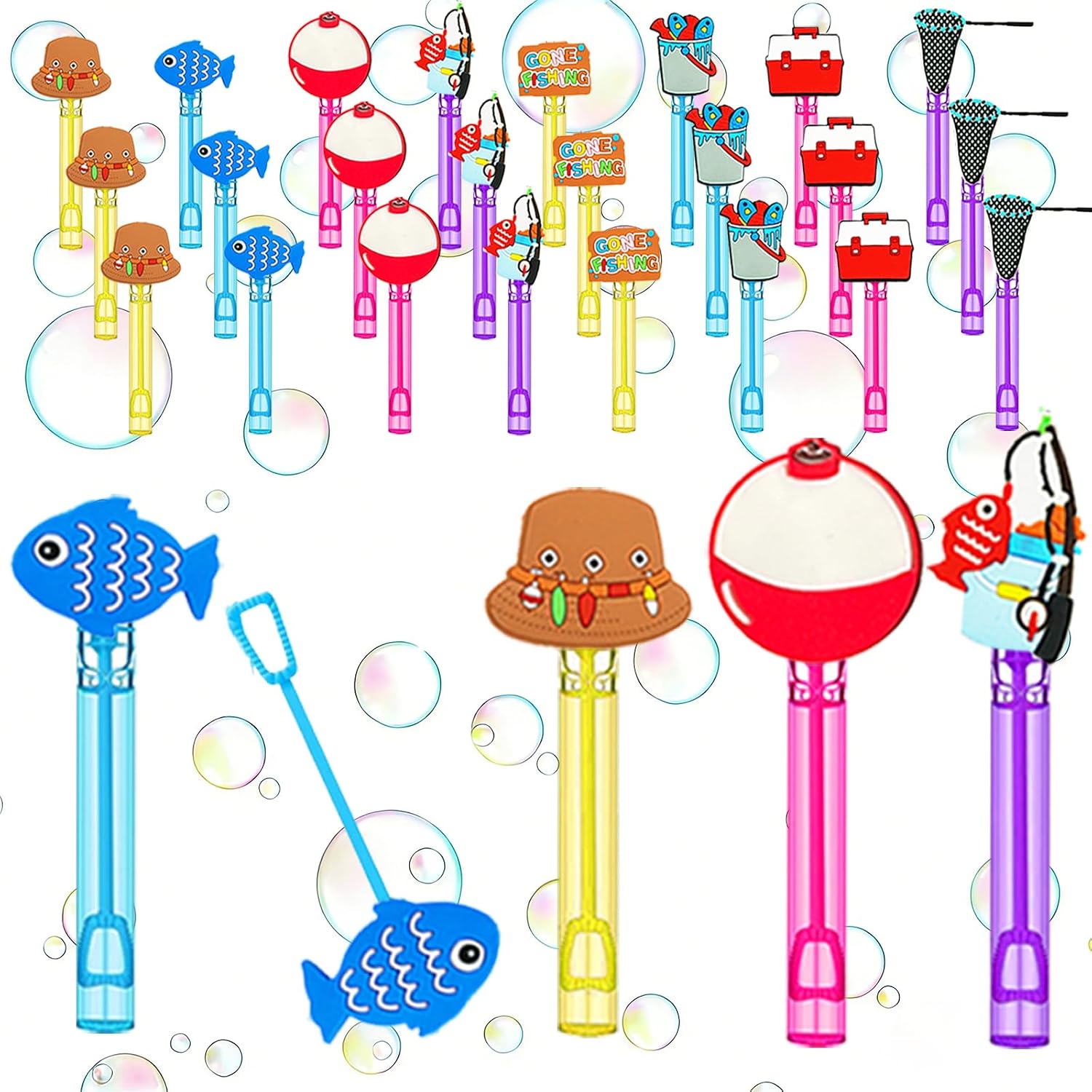 24 Pcs Gone Fishing Bubble Wands, Party Favors, Goodie Bag Fillers | Fishing bubble wands with detachable fish, tackle box and hat toppers for party favors, goodie bags and pinatas.