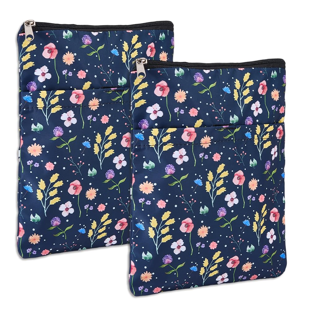 SUPERFINDINGS 2Pcs Book Sleeve Flower Book Covers with Zipper and Front Pocket Blue Padded Protector 28x22cm BookCover Case Washable Floral Printed Gift Bag for Women Readers Librarian Club Gifts