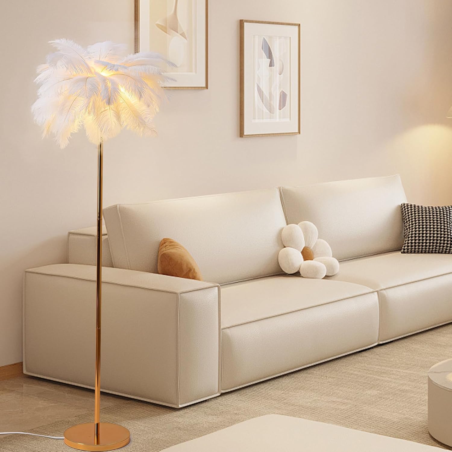 Feather Lamp, 63'' Height Natural Ostrich Floor Lamp for Living Room, 3 Color Temperatures LED Bright Bulbs, Modern Bedroom Floor Lamp Standing Light with Foot Switch for Bedroom (A-White)