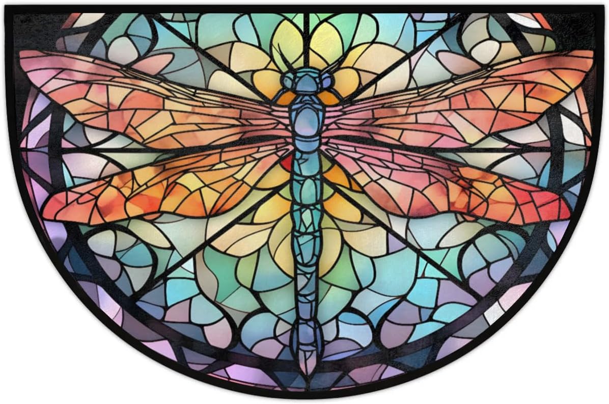 Dragonfly Colorful Stained Glass Half Round Door Mat Non-Slip Soft Doormats for Home Indoor Outdoor Entrance Bath Carpet Area Rugs for Home Dining Living Room Bedroom 36" X 24"