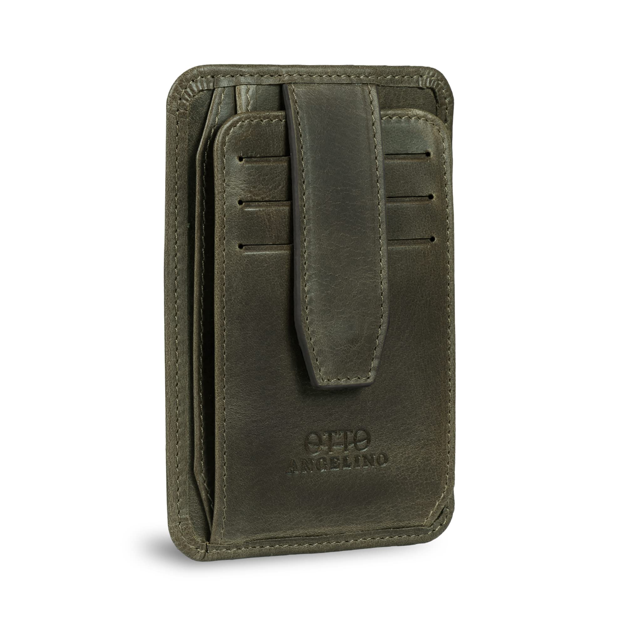 Otto Angelino Minimalist Men's Wallet - Slim Italian Leather RFID Blocking Card Holder With Zippered Coin Slot (Blue)