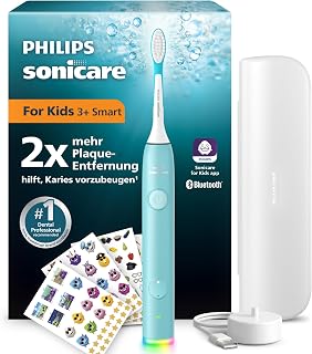 Philips Sonicare for Kids Smart elektrische Zahnbürste - Schallzahnbürste mit App, für Kinder 3+, 2 sanfte Putzprogramme, 2-Minuten-Timer, 2 Bürstenköpfe (Standard + Mini), Blaugrün, Modell HX6600/13