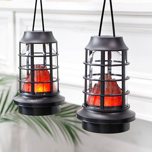 Miniatura 4 de TRIROCKS Juego de 2 faroles de chimenea sin llama, 5 x 5 x 8 pulgadas, luces parpadeantes de llama volcánica resistentes a la intemperie y